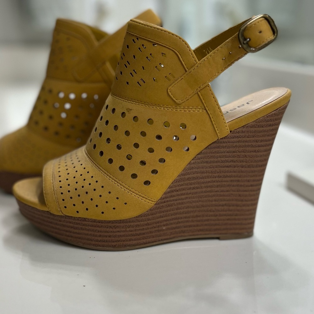 Jasmin Mustard Yellow Open Toe Wedge Heels